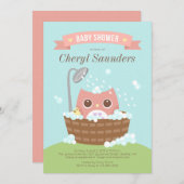 木製バスタブにピンクの女の子フクロウ招待状 招待状 (正面/裏面)