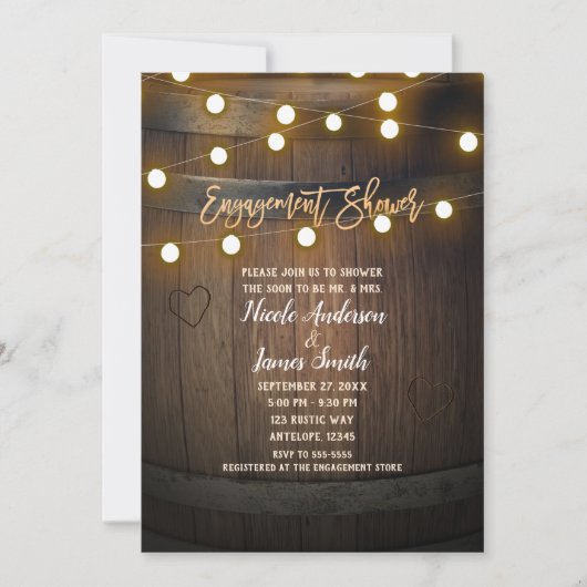 木製バレル彫りハートライト婚約シャワー 招待状 (正面)