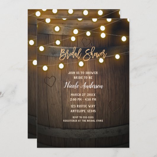 木製バレル彫刻ハートライトブライダルシャワー 招待状 (正面/裏面)