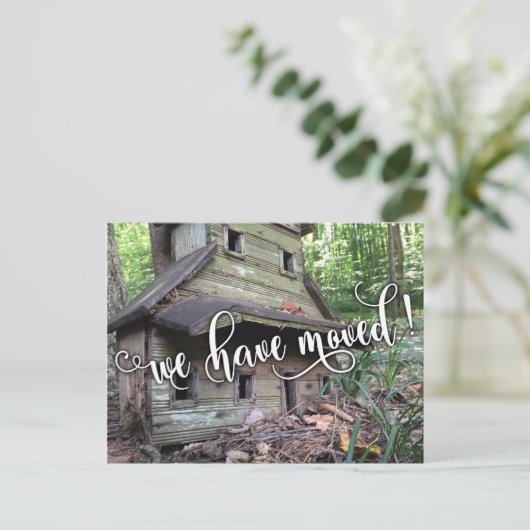 木製バードハウス写真"引っ越しました"通知， 2 案内ポストカード (スタンド正面)