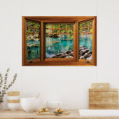 木製フェイクの弓の窓の幻想 – 湖の沈静 ポスター (キッチン)