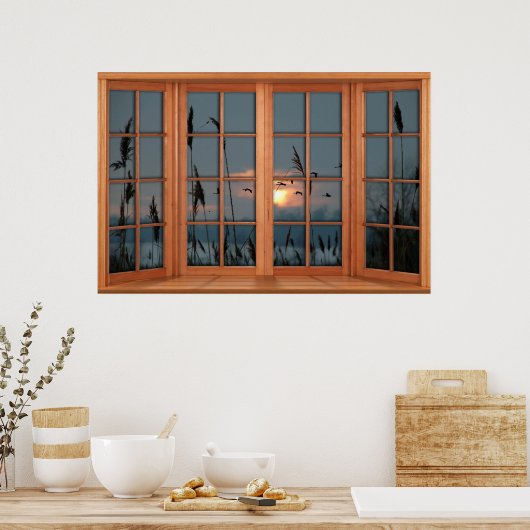 木製フェイクの弓窓の幻想 – 鳥の群れ ポスター (キッチン)
