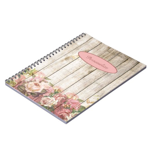 木製フェンスによるピンクの花の庭をパーソナライズ ノートブック (左側)