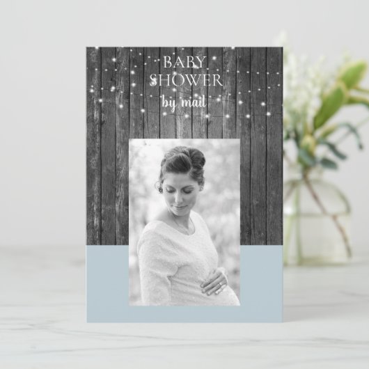 木製フェンス ライト ベビーシャワー メールで写真 青 招待状 (スタンド正面)