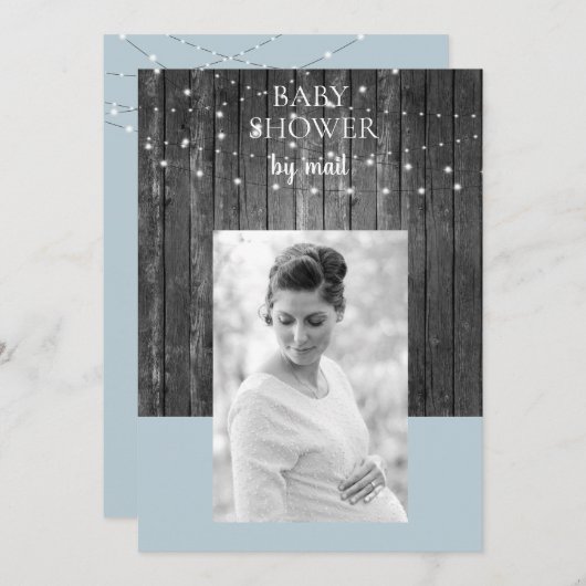 木製フェンス ライト ベビーシャワー メールで写真 青 招待状 (正面/裏面)