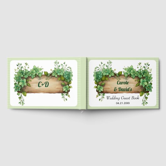 木製フレーム、緑とストライプ春の結婚式 ゲストブック (全面)