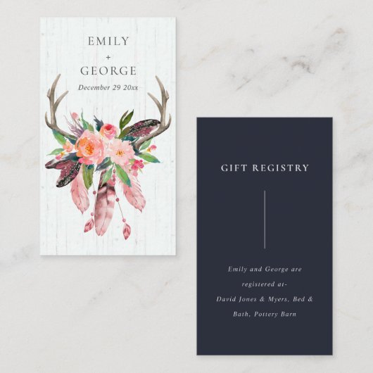 木製フローラフェザー結婚アントラーのギフトレジストリ 名刺 (正面/裏面)