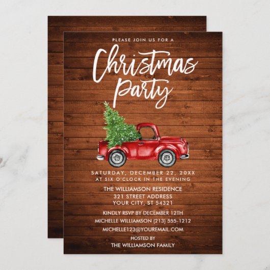 木製ブラシスクリプトヴィンテージトラッククリスマスクリスマスパーティー 招待状 (正面/裏面)