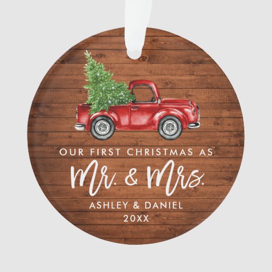 木製ブラシスクリプト初めてのクリスマストラックフォトバック オーナメント (正面)