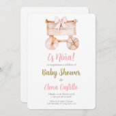 木製ベビーカー赤ちゃんシャワーガールスペインのイン 招待状 (正面/裏面)
