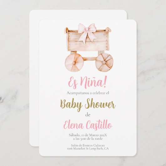 木製ベビーカー赤ちゃんシャワーガールスペインのイン 招待状 (正面/裏面)