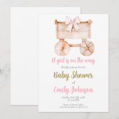 木製ベビーカー赤ちゃんシャワー女の子の招待 招待状 (正面/裏面)