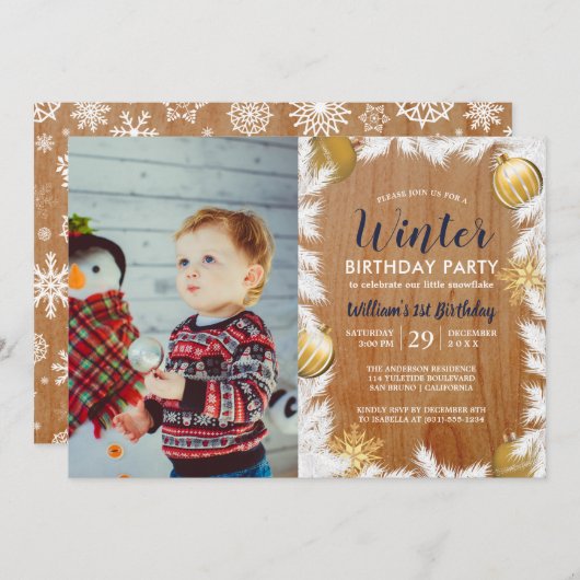 木製ホリデーフォトバースデーパーティーへの招待 招待状 (正面/裏面)