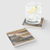 木製ボートセンターで明るい色のボート ストーンコースター (横)