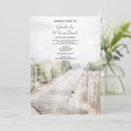 木製ボードウォークへビーチ結婚式 招待状 (スタンド正面)