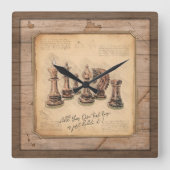 木製ボードグランジプレーヤーのギフト上のチェス駒 スクエア壁時計 (正面)