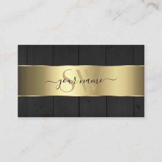 木製ボードブラックウッドグレインイニシャル金ゴールドデコール 名刺 (正面)
