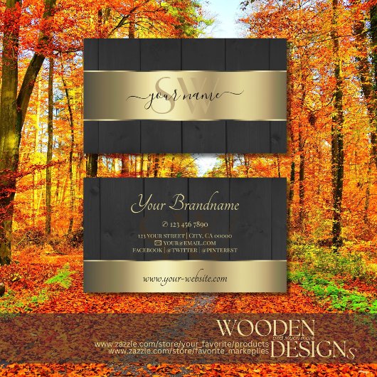 木製ボードブラックウッドグレインイニシャル金ゴールドデコール 名刺