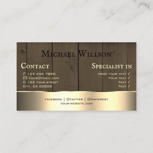 木製ボード暗褐色の木目金ゴールドデコール 名刺 (裏面)