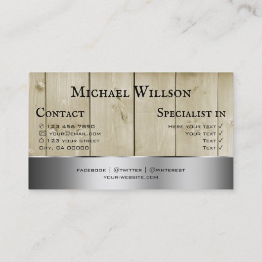 木製ボード薄茶色の木目銀色の装飾 名刺 (裏面)