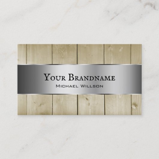 木製ボード薄茶色の木目銀色の装飾 名刺 (正面)
