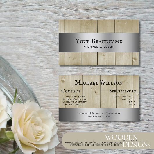 木製ボード薄茶色の木目銀色の装飾 名刺