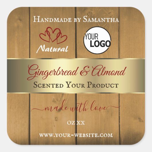 木製ボード製品ラベル金ゴールド縁どハートロゴ スクエアシール (正面)