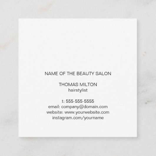 木製モダンエレガント黒シザー美容師 スクエア名刺 (裏面)