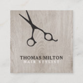 木製モダンエレガント黒シザー美容師 スクエア名刺 (正面)
