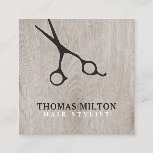 木製モダンエレガント黒シザー美容師 スクエア名刺 (正面)