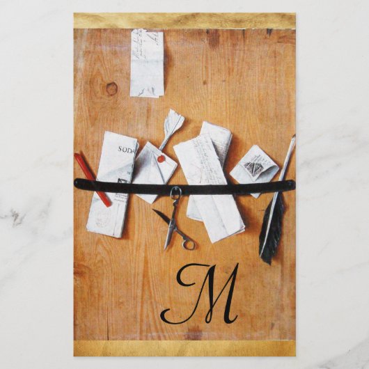 木製モノグラム茶色白黒の文字保持具 便箋 (正面)