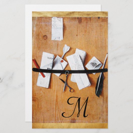 木製モノグラム茶色白黒の文字保持具 便箋 (正面/裏面)