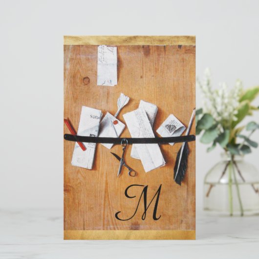木製モノグラム茶色白黒の文字保持具 便箋 (スタンド正面)