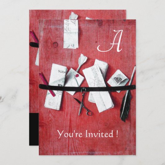 木製モノグラム赤ホワイト黒の手紙ホルダー 招待状 (正面/裏面)