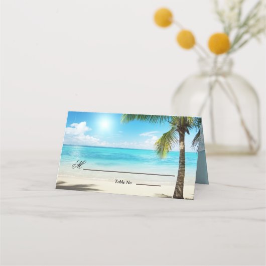 木製ユニークのビーチの花結婚の プレイスカード (正面)