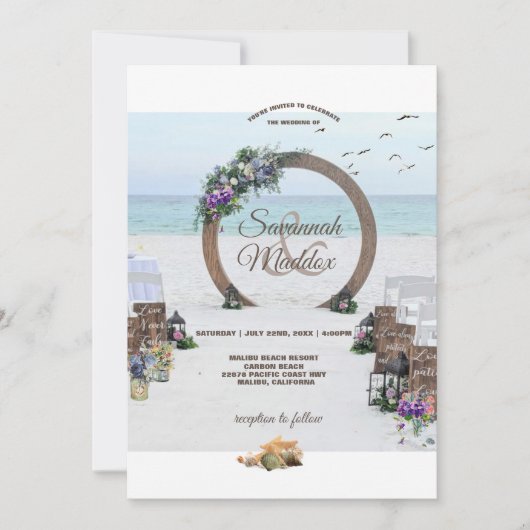 木製ユニークのビーチの花結婚の 招待状 (正面)
