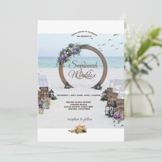 木製ユニークのビーチの花結婚の 招待状 (スタンド正面)