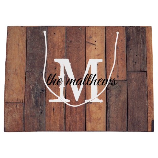 木製ユニークモノグラム素朴ファームハウスバーン ラージペーパーバッグ (正面)