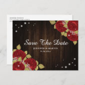 木製レッドローズウェディング日付はがきを保存 案内ポストカード (正面/裏面)