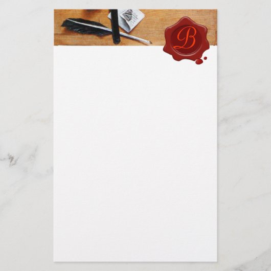木製レッドワックスシールモノグラムブラウンのレターホルダー 便箋 (正面)