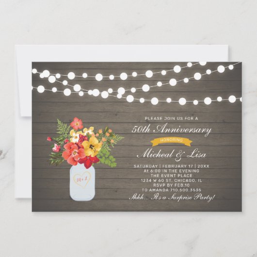 木製レトロ風 50周年サプライズ結婚記念日 招待状 (正面)