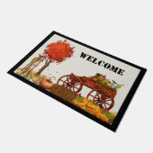 木製ワゴンと鹿を備えた秋のウェルカムドアマット ドアマット (アングル)