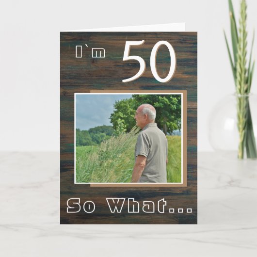 木製ヴィンテージ風 50歳誕生日写真 カード (正面)