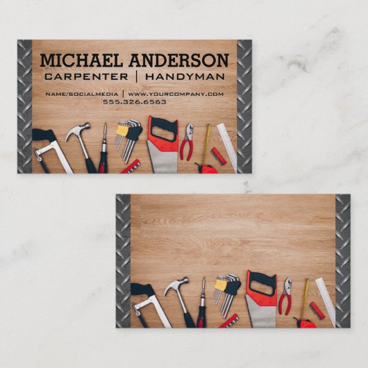 木製卓上の大工の道具 |金属鋼 名刺 (正面/裏面)