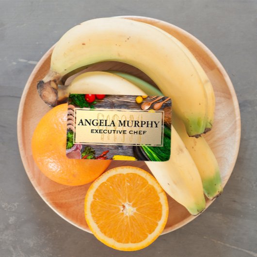 木製卓上の食べ物 |金ゴールドフレーム |キッチンツール 名刺