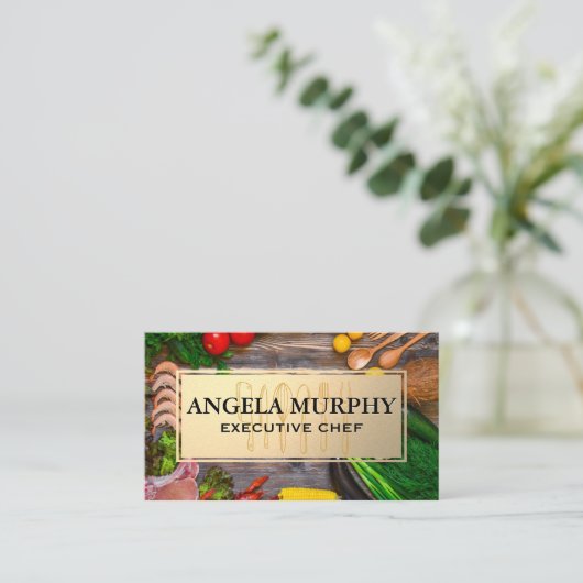 木製卓上の食べ物 |金ゴールドフレーム |キッチンツール 名刺 (スタンド正面)