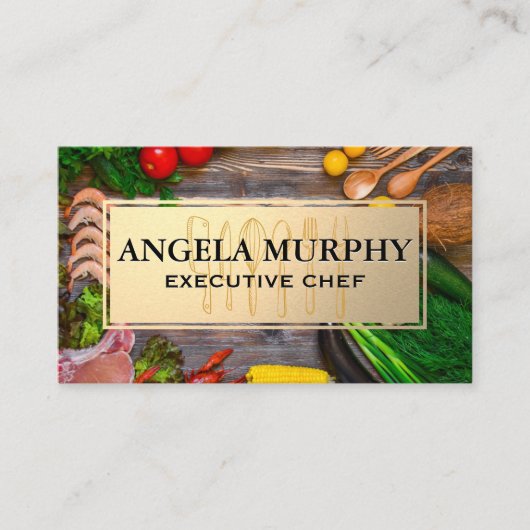木製卓上の食べ物 |金ゴールドフレーム |キッチンツール 名刺 (正面)