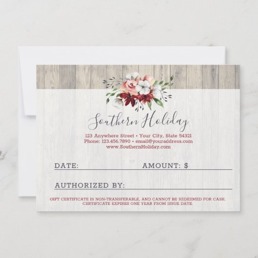 木製南素朴綿のギフト証明書カード 招待状 (裏面)