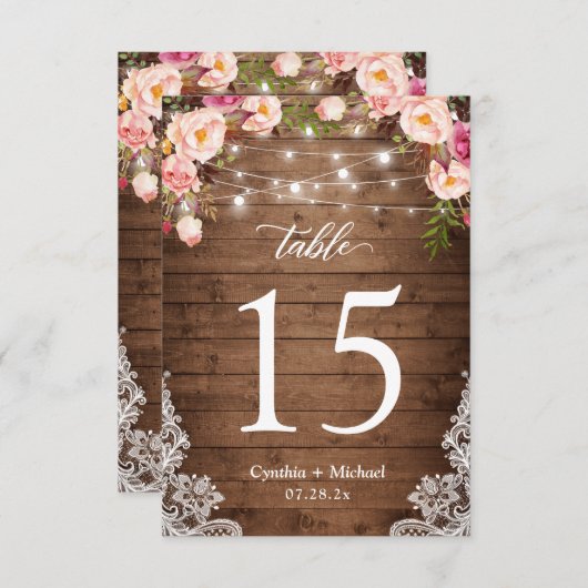 木製弦ライト結婚フローラのテーブル番号 出欠カード (正面/裏面)