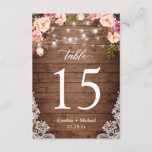 木製弦ライト結婚フローラのテーブル番号 出欠カード (正面)